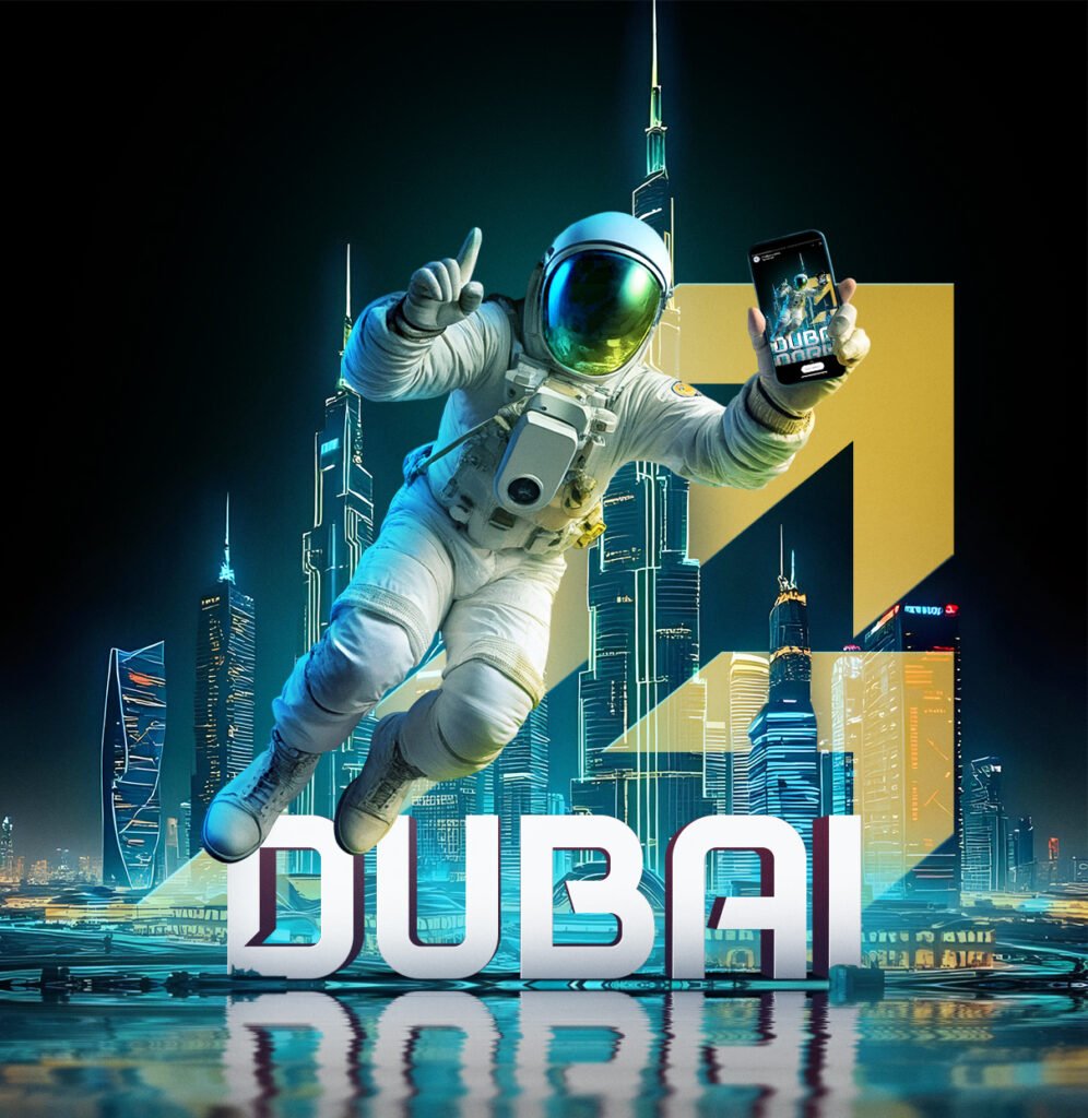 astronaut in dubai burj kalifa with background of adarsh digital logo.