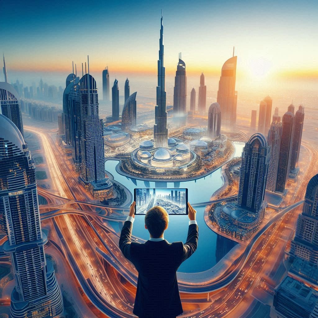 a man taking photo of dubai burj kalifa and full city